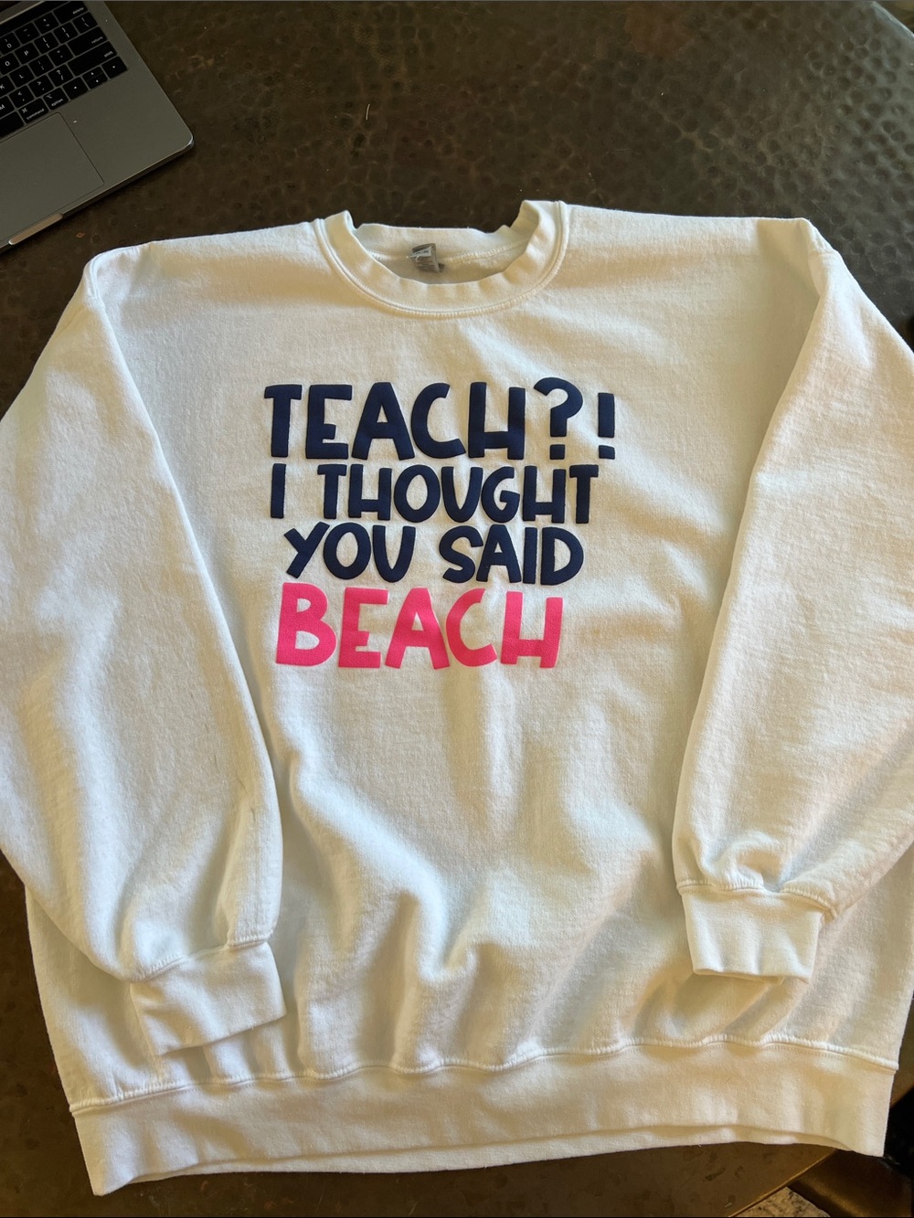 Gildan White Crewneck Sweatshirt with Navy and Pink Graphic for Teachers
